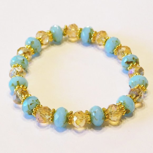 Handmade Blue & Gold Glass Beaded Stretch Bracelet - 7" - Picture 1 of 2